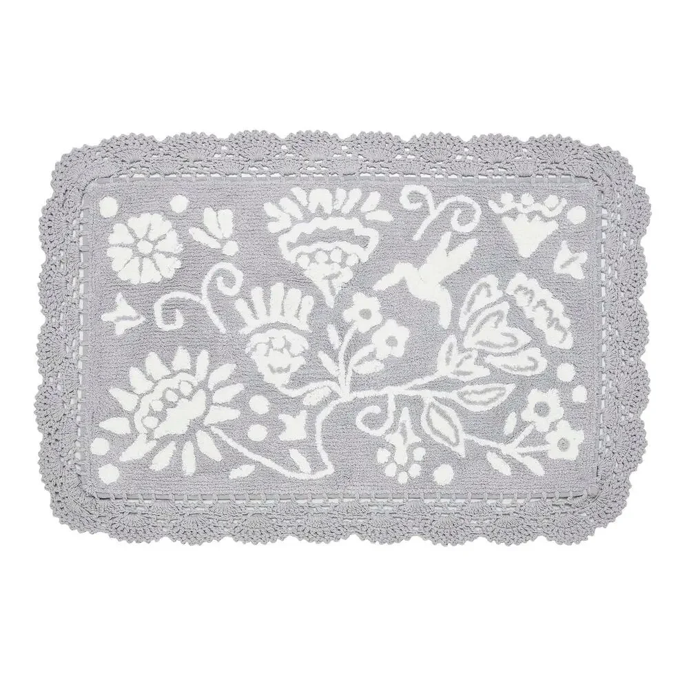 The Pioneer Woman Mazie Two-Color Floral Crochet Soft Silver Cotton Bath Rug NWT